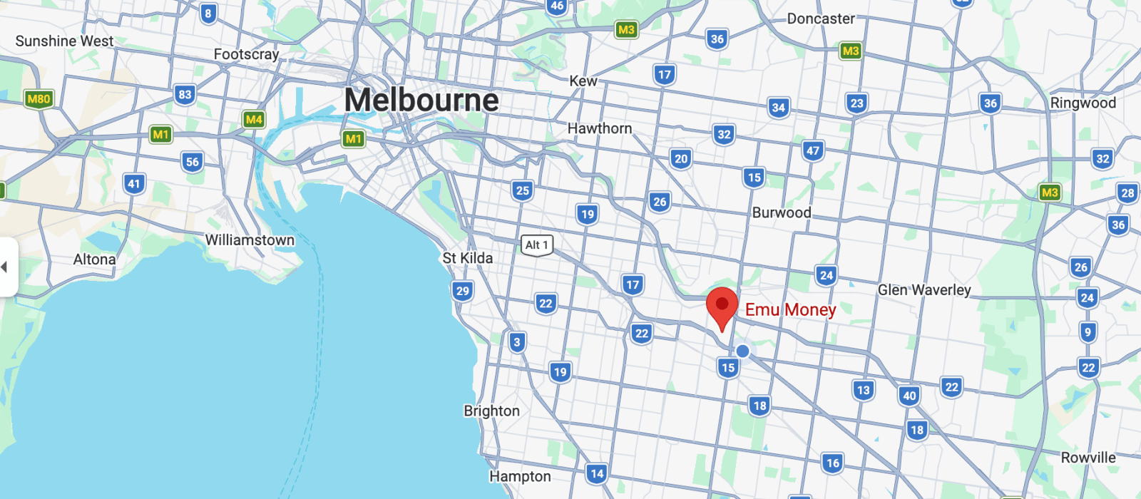 Map showing the Emu Money office — finance brokers in Chadstone, Melbourne — at Level 2 Suite 722, 1341 Dandenong Rd, Chadstone VIC 3148